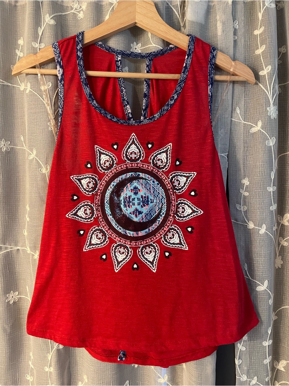 No Boundaries Red Tank Top with Sunburst Medallion